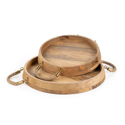 HomeRoots Set of Two Brown Round Solid Wood Serving Trays With Handles