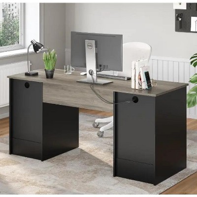 Gray Particle Board Executive Desk with Drawers and Keyboard Tray