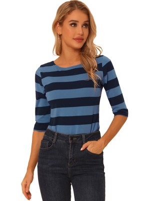 INSPIRE CHIC Women's Stripes Casual Basic Elbow Sleeves Boat Neck Slim Fit T-Shirts