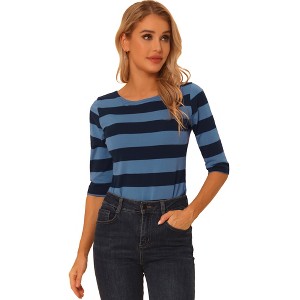 INSPIRE CHIC Women's Stripes Casual Basic Elbow Sleeves Boat Neck Slim Fit T-Shirts - 1 of 4
