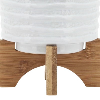 Elegant White Stripe Ceramic Planter with Wooden Stand, 6"x8"
