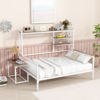 CAVINAS Full size bed for Kids, Metal Bed Frame Full with Movable Desk, Metal Grid, Shelves and Clothes Hanger for Bedroom, Living Room