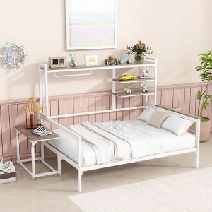 CAVINAS Full size bed for Kids, Metal Bed Frame Full with Movable Desk, Metal Grid, Shelves and Clothes Hanger for Bedroom, Living Room - 1 of 4