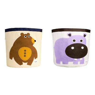 3 Sprouts Canvas Storage Bin Laundry and Toy Basket for Baby and Kids, Bear and Hippo
