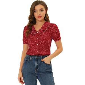 INSPIRE CHIC Women's Vintage Polka Dots Peter Pan Collar Puff Short Sleeve Shirt - 1 of 4