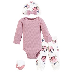 Hudson Baby Girls Thermal Preemie Layette Set 4pc Long Sleeve Outfit, Dusty Rose Floral, Preemie - 1 of 4