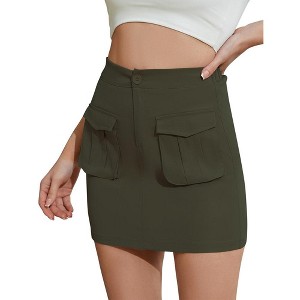 Womens High Wasit Cargo Skirts Bodycon Mini Skirts with Pockets Solid Stretchy Skirts with Plain Hem - 1 of 4