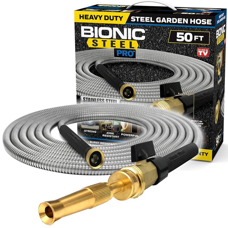 Bionic Steel Pro 50 Foot 304 Stainless Steel Metal Garden Hose with Brass Nozzle, 1 of 5
