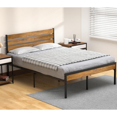 Bed Frame with Wood Headboard, Strong Wood Metal Slats Support with Under Bed Storage Space, Noise-Free, No Box Spring Needed