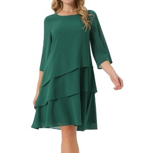 INSPIRE CHIC Women's Round Neck Semi Sheer 3/4 Bell Sleeve Asymmetrical Layered Tiered Midi Dress - 1 of 4