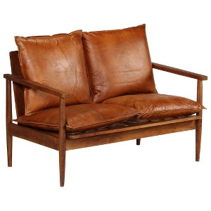 vidaXL 2-Seater Sofa Real Leather with Acacia Wood - Brown - 1 of 4