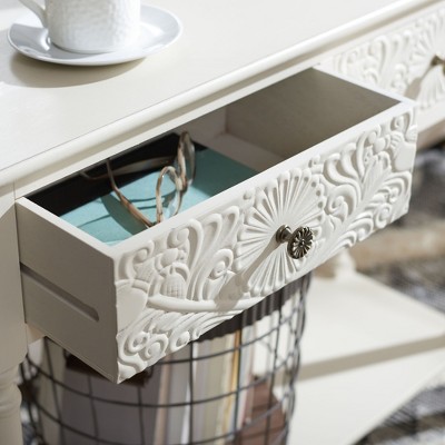 Distressed White Carved Wood Hallway Table with Storage