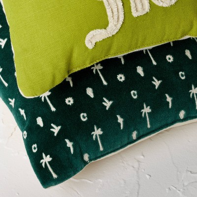 Set of 2 Green Cotton Embroidered Square Pillows