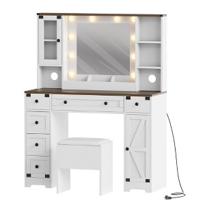 Makeup Vanity Desk, Adult Dressing Table Set, Vanity Desk with Lights Charging Station, Drawers, for Bathroom, Bedroom, White - 1 of 4