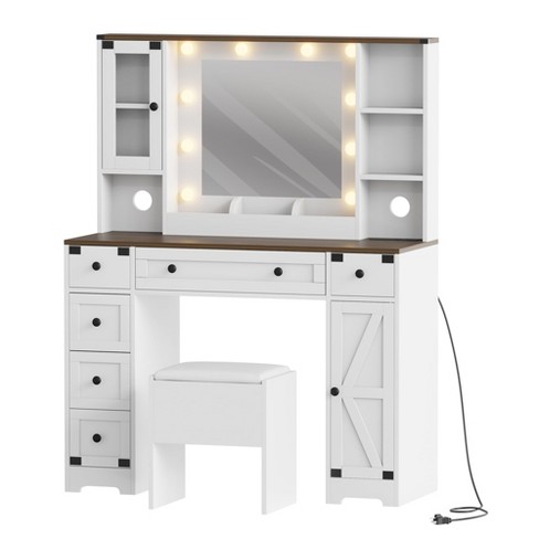 Makeup Vanity Desk, Adult Dressing Table Set, Vanity Desk with Lights Charging Station, Drawers, for Bathroom, Bedroom, White - image 1 of 4