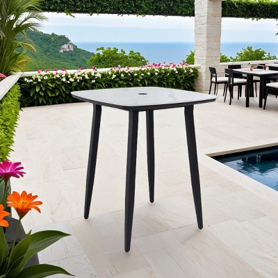 Modern 35'' Outdoor Bar Table, Square Sintered Stone Top with Umbrella Hole, Aluminum Frame Bistro Table for Patio or Poolside - Cuddlewood