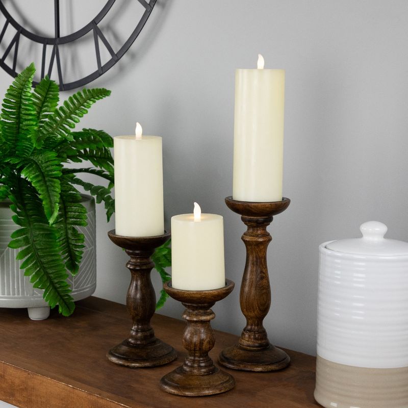 Northlight Set of 3 Natural Dark Wooden Pillar Candle Holders 10", 2 of 6