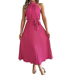 Women's 2025 Summer Sleeveless Halter Neck Pleated Midi Cocktail Dresses A Line Flowy Beach Sun Dress with Belt - 1 of 4