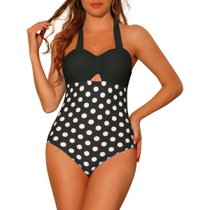 Elerevyo Women's Halterneck Polka Dot Monokini Tummy Control Cut Out String Swimsuit Bathing Suits 1 Pc - 1 of 4