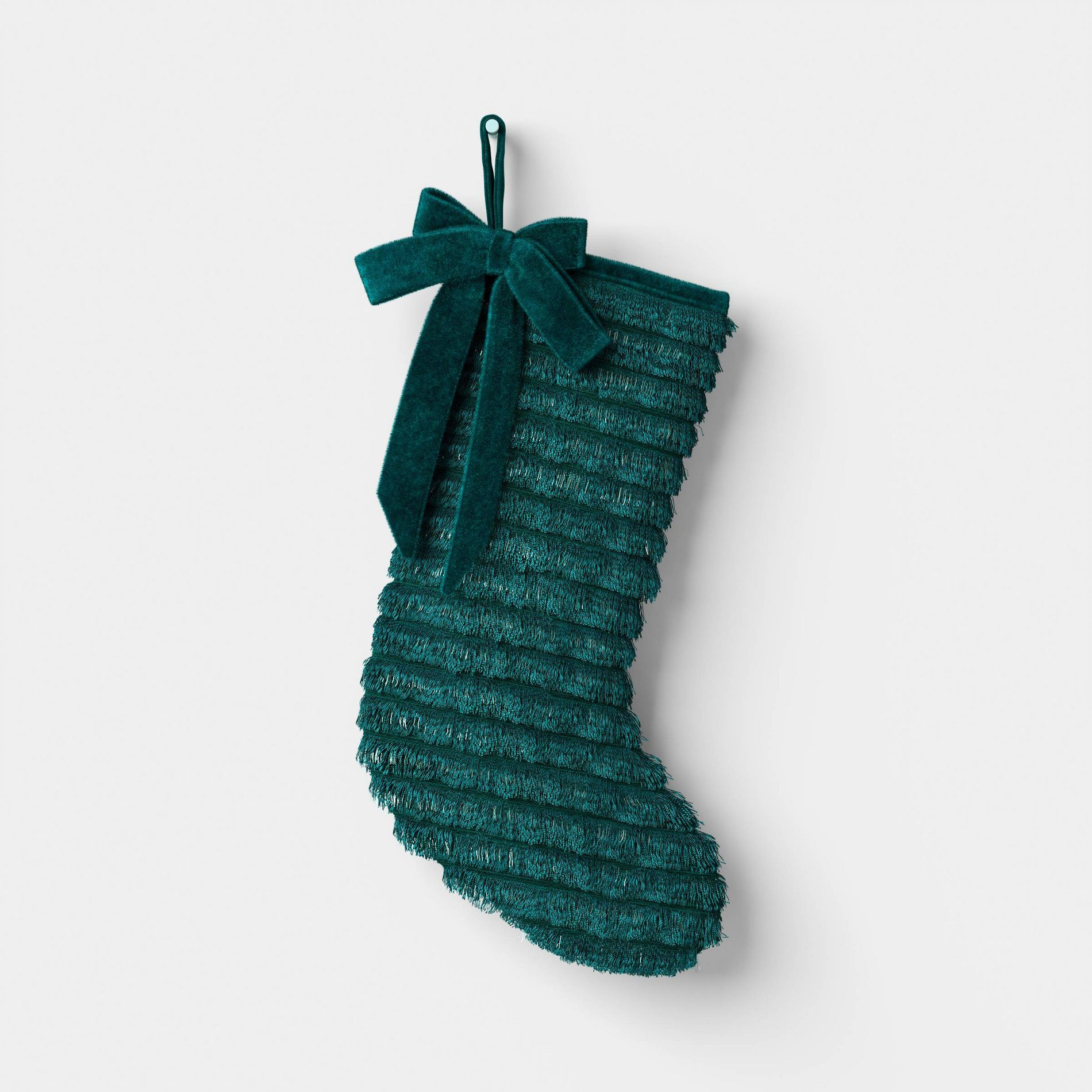 21" Christmas Fringe Fabric Stocking with Bow Green - Wondershop™