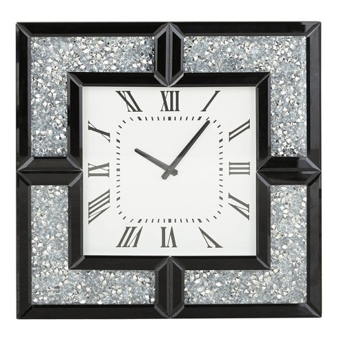 20"x20" Glass Mirrored Wall Clock with Floating Crystals Black - Olivia & May: Silent, Square, Glam Style Decor - image 1 of 4