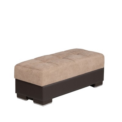 HomeRoots 52" Tan and Brown Chenille And Faux Leather Storage Ottoman