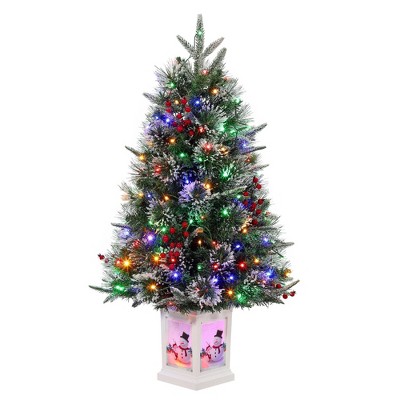 3 Ft Small Christmas Tree with 78 Multicolor LED Lights, Prelit Snow Flocked Christmas Tree with Lighting Potted Base, Battery Operated