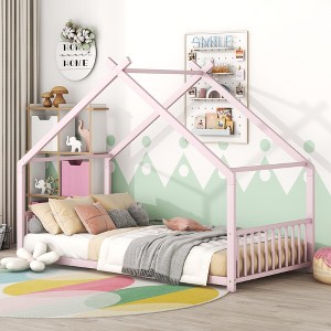Twin Size Metal House Bed Frame with Roof Design for Kids/Teens Bedroom, Fantasy Design Heavy-duty Montessori Floor Bed, No Box Spring Needed - 1 of 4