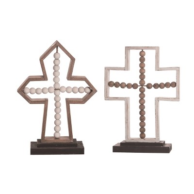 Transpac MDF Beaded Cross Decor Set of 2 Freestanding Tabletop Signs for Home Decoration