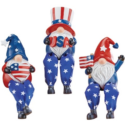 Collections Etc Hand-Painted 4th of July Patriotic Gnomes with Posable Legs - Set of 3 Blue