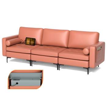 Costway Modular 3-Seat Sofa Couch with  Socket USB Ports & Side Storage Pocket Coral Pink/Grey