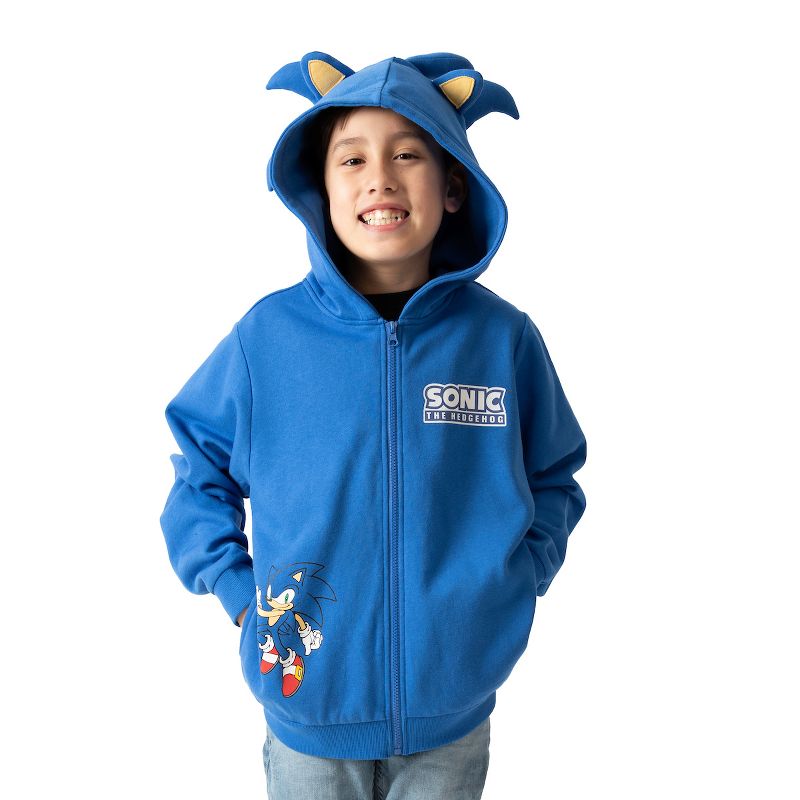 Sonic The Hedgehog Cosplay With Foam Ears Long Sleeve Blue Boy's Zip Up Hooded Sweatshirt, 1 of 6