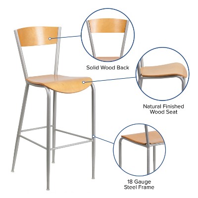 Invincible Silver Metal and Natural Wood Swivel Barstool