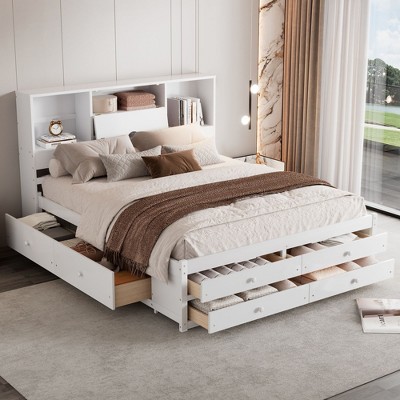 NicBex Queen Size Platform Bed 91.3" L Modern Wooden Bed Frame with Storage Headboard and 8 Drawers for Bedroom, No Box Spring Required