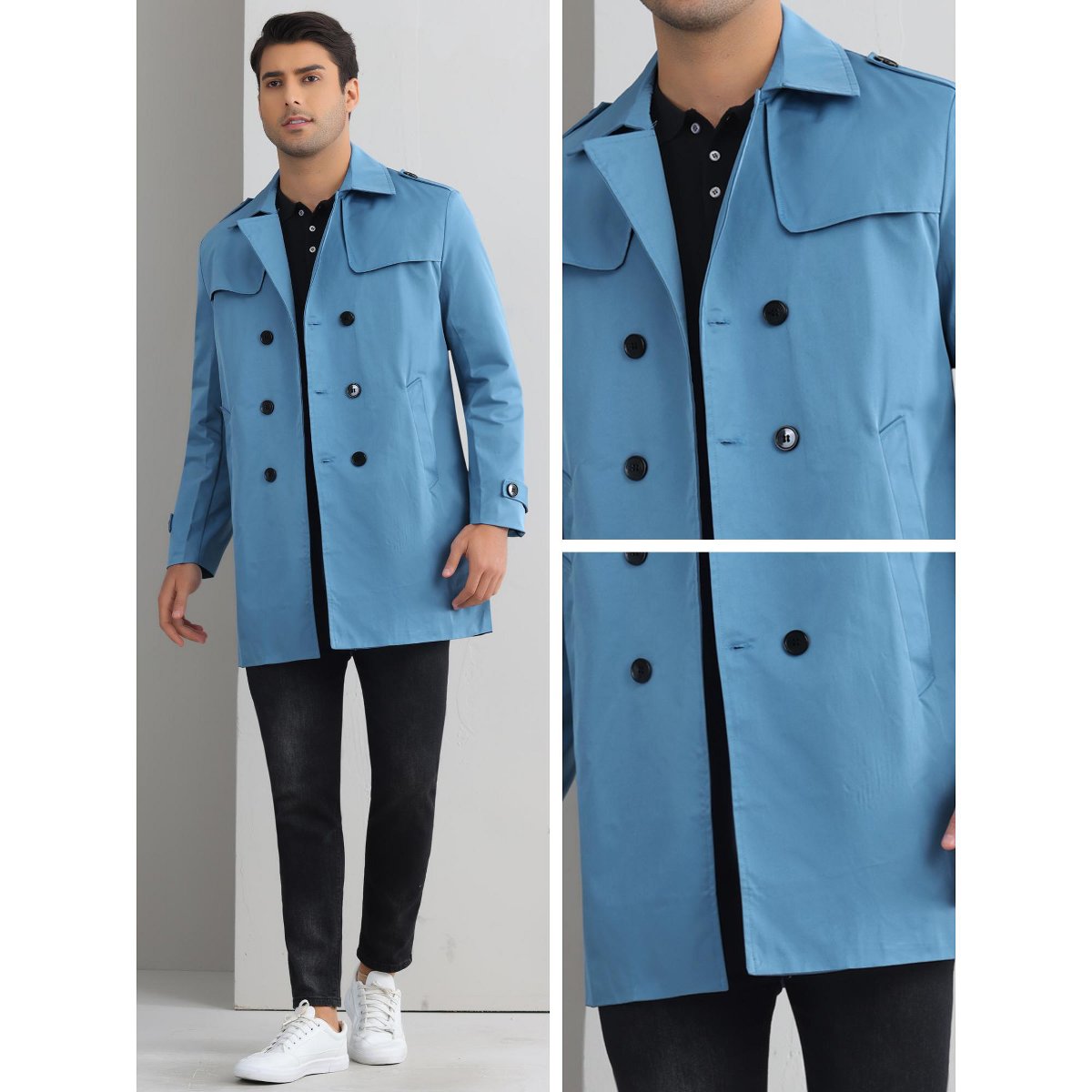Мужские куртки INSPIRE CHIC Men's Notch Lapel Double Breasted Windbreaker Trench Coat Blue Large — фото 3