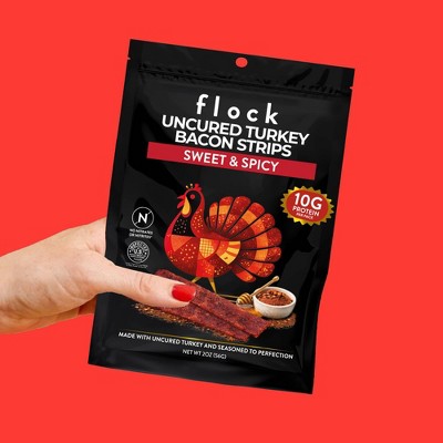 Flock Foods Uncured Sweet & Spicy Turkey Bacon Strips - 10g Protein - 2oz