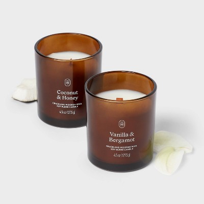 Amber Glass Jar Candle Set with Vanilla, Bergamot, Coconut, and Honey Scents