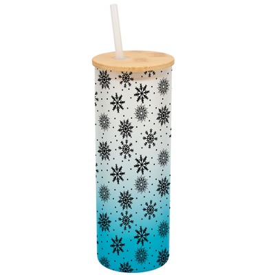 Elanze Designs Falling Snow Winter Scene Wrap-Around Design 25 Ounce Frosted Gradient Glass On-The-Go Coffee Travel Skinny Tumbler Mug Cup, Bamboo Lid