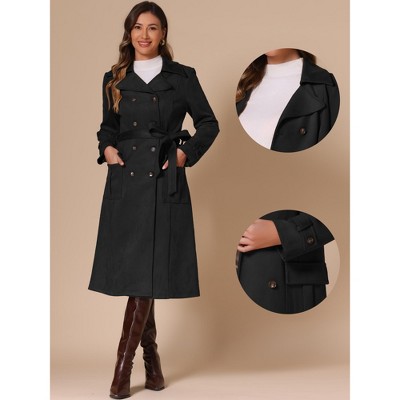 INSPIRE CHIC Women's Faux Suede Notched Lapel Double Breasted Belted Long Sleeve Trench Coat Medium Black — фото 2