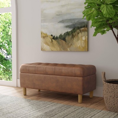 Brown Faux Leather Tufted Storage Bench with Oak Legs