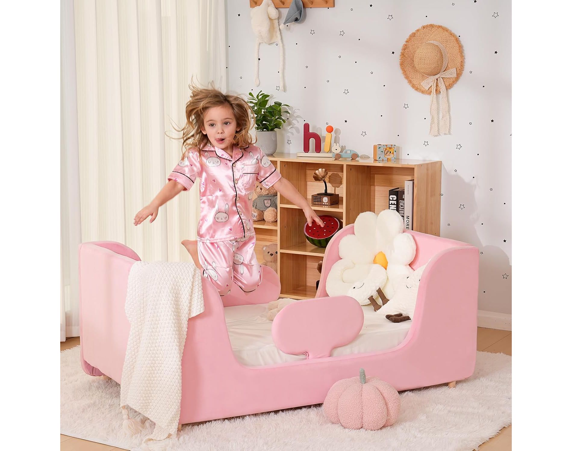 DoCred Toddler Bed,Toddler Floor Bed Frame with Removable Guard Rails, Kids Bed for Girls and Boys