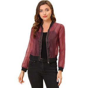 Allegra K Women's Zip Up See-Through Lightweight Long Sleeve Mesh Bomber Jacket - 1 of 4