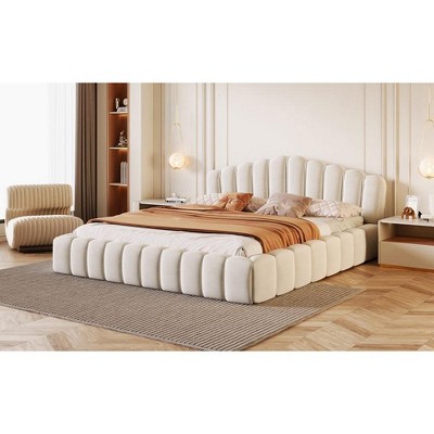CAVINAS Queen Size Upholstery Floor Bed Frame,Chic Bedframe with Shell-Shaped Headboard,Luxury Velvet Floor Bed,No Box Spring Needed