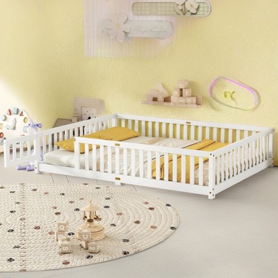 ROOMTEC  Montessori Floor Bed with Door & Safety Fence, Wood-Kids Floor Beds Frame, Solid Wooden Kid Toddler Bedframe, Floor-Bed-Frame for Bedroom