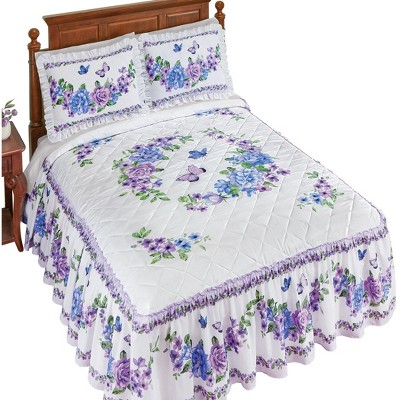 Collections Etc Floral Wreath And Butterflies Bedspread Full Lavender ...