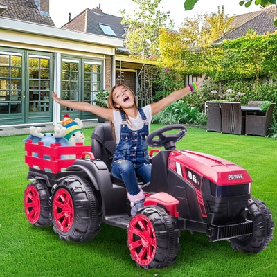 Kids Ride on Tractor with Trailer,12V Electric Vehicles with Remote Control,Dual Motors, Led Lights