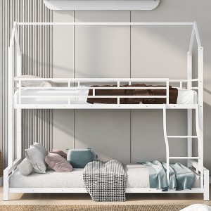 NicBex Twin Over Full Metal Bunk Bed with Ladder,House Shaped Loft Bed with Safety Guardrail for Bedroom,Black/White/Pink - 1 of 4