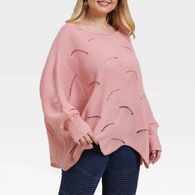 Plus Size Sweater for Women - Pointelle Knit Round Neck Pullover with Long Sleeve and Off Shoulder, Loose Fit Oversized Tops for Winter