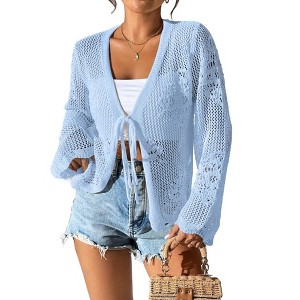 Women's Tie Front Crochet Cardigan Lightweight Hollow Out Knit Cardigan Shrugs Cropped Tops Cover Up - 1 of 4