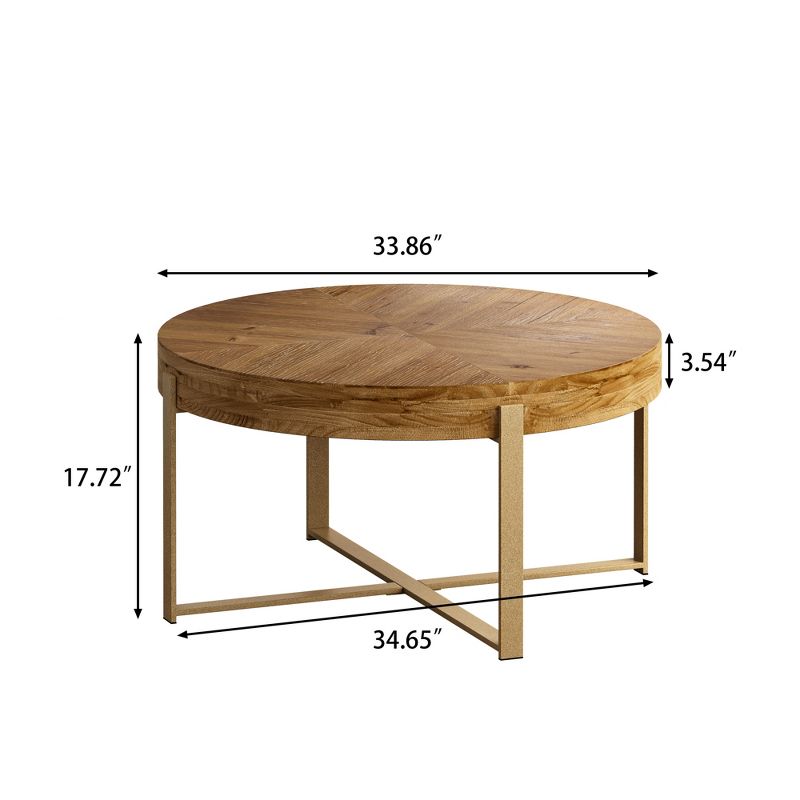 33.86" Modern Retro Splicing Round Coffee Table,Fir Wood Table Top with Cross Legs Base - ModernLuxe, 4 of 11